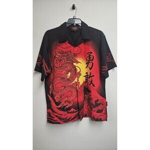 D Clothing Dragon Shirt Mens Large VTG Y2K Red Black Camp Hawaiian Button Front